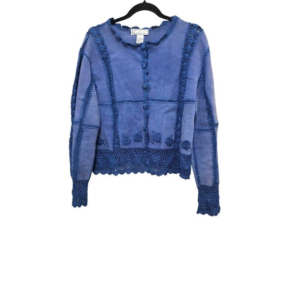 Vintage S.M.H Suede Crochet Lace Button-Front Jacket Long Sleeve Floral Details - Picture 1 of 8